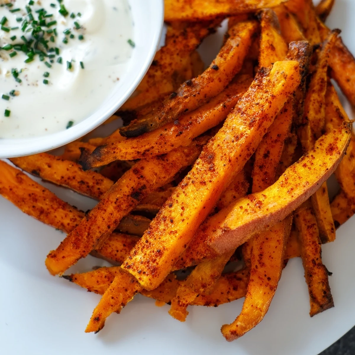 Crispy Roasted Sweet Potato Fries with Dip served in a rustic bowl with fresh chives.