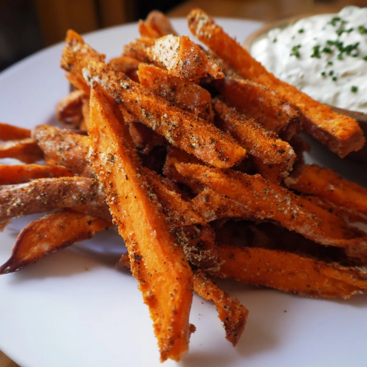 Close-up of roasted sweet potato fries being dipped into a creamy tangy dip.