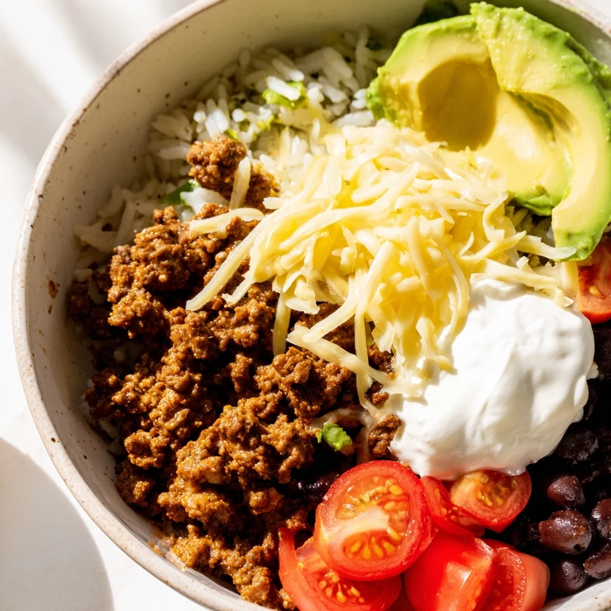 Vibrant Beef Burrito Bowls with Rice and Beans feature spiced beef, black beans, and fluffy cilantro-lime rice topped with fresh avocado, corn, and cheese.