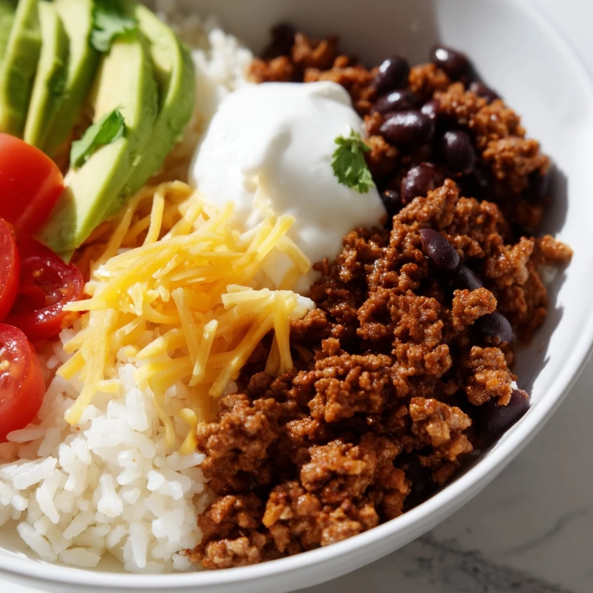 A close-up of hearty Beef Burrito Bowls with Rice and Beans, garnished with sour cream, cherry tomatoes, and a lime wedge for a zesty finish.