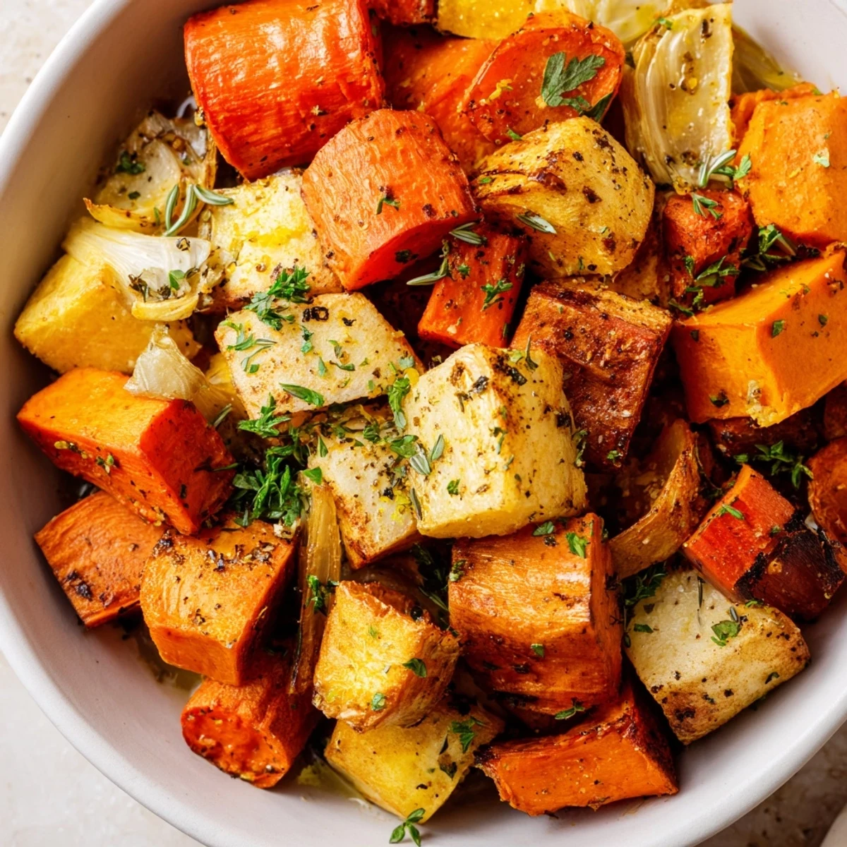 Golden roasted root vegetable medley with herbs on a rustic platter, garnished with fresh parsley and lemon zest.