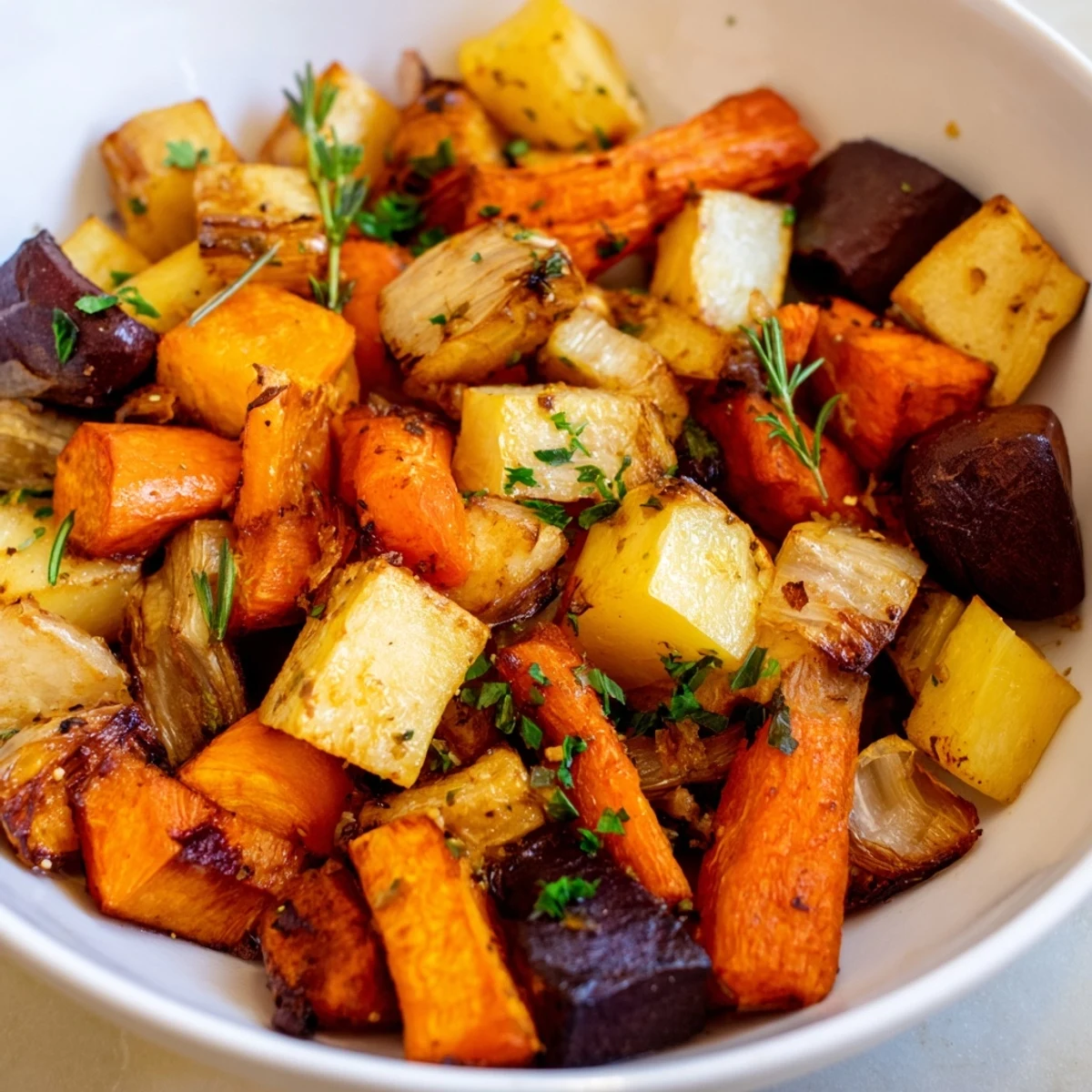 Roasted root vegetable medley with herbs, sizzling on a baking sheet lined with parchment paper.