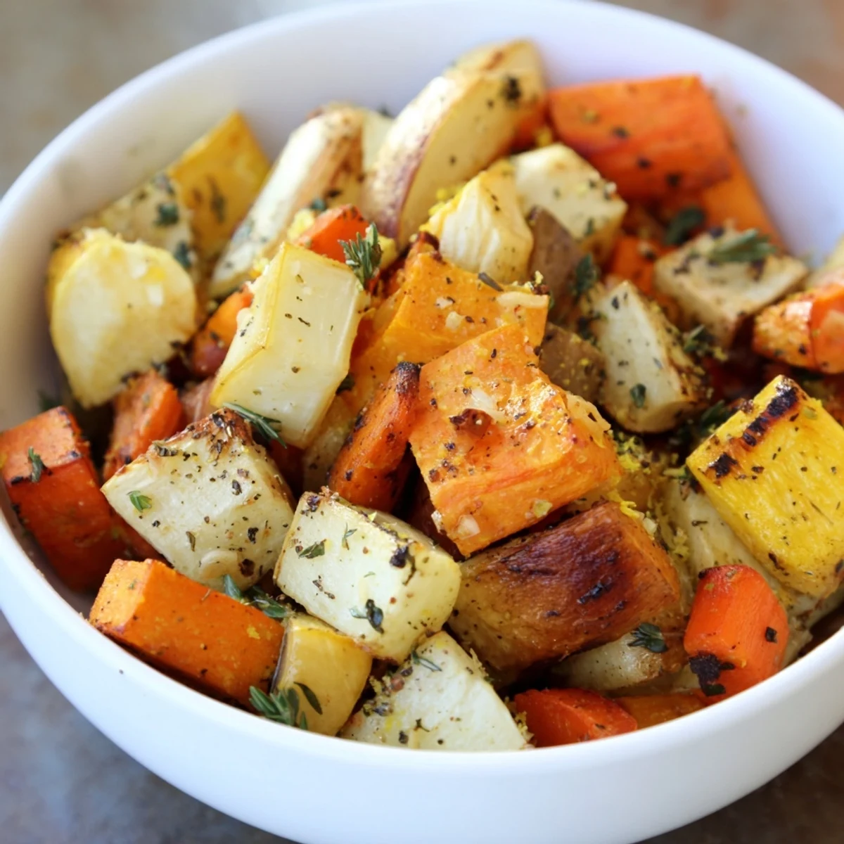 A vibrant serving of roasted root vegetable medley with herbs alongside roasted chicken for dinner.
