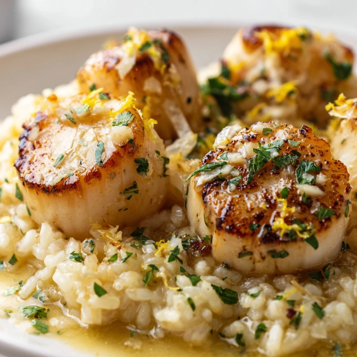 Golden-brown Lemon Garlic Scallops nestled atop creamy Parmesan risotto with fresh parsley garnish.