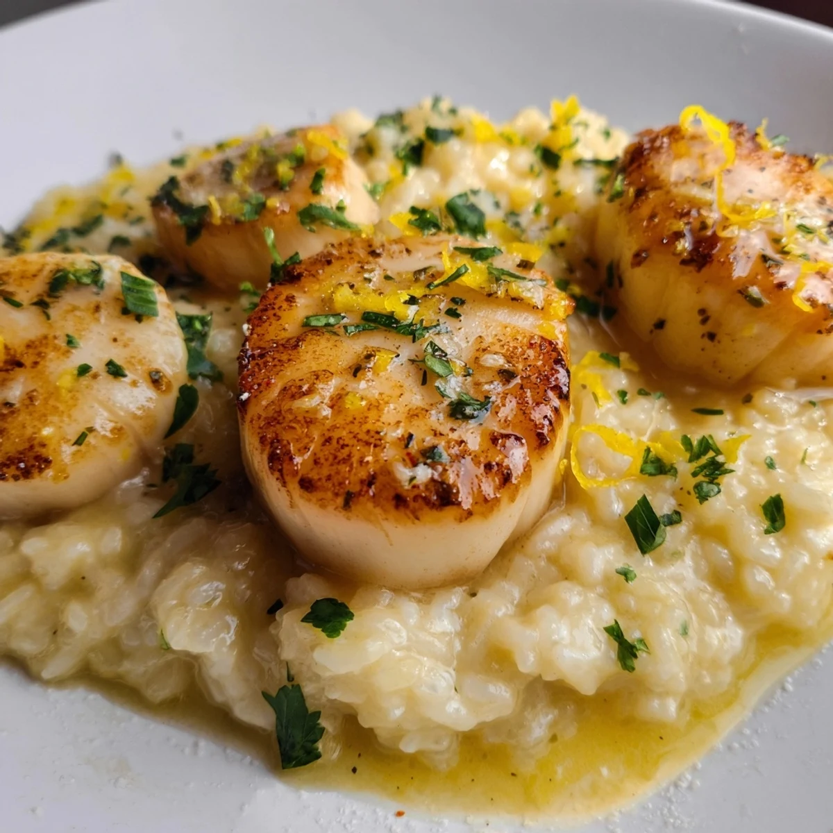 Freshly seared scallops in zesty lemon garlic butter sauce served on Italian-style risotto.