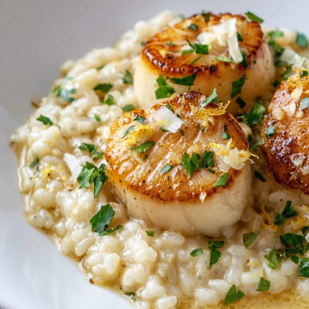 Plated Lemon Garlic Scallops with risotto drizzled in citrus butter sauce, ideal for dinner.
