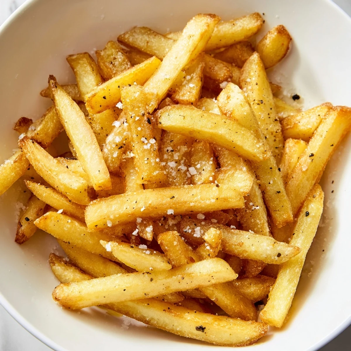 Perfectly golden Crispy Air Fryer French Fries with Sea Salt served hot alongside a creamy dipping sauce on a wooden table.