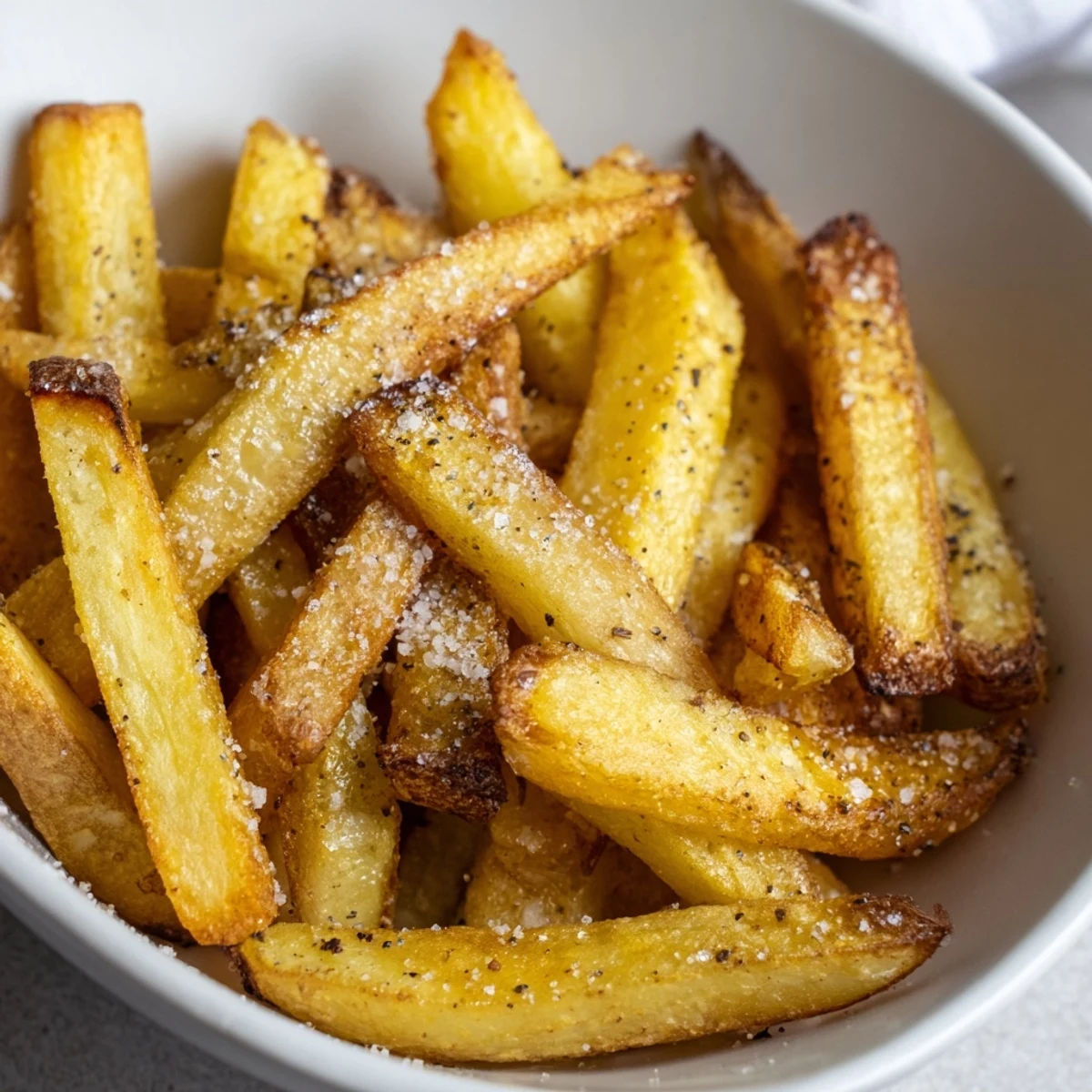 Healthy homemade Crispy Air Fryer French Fries with Sea Salt arranged neatly, showing off their crunchy texture and fluffy potato interior.