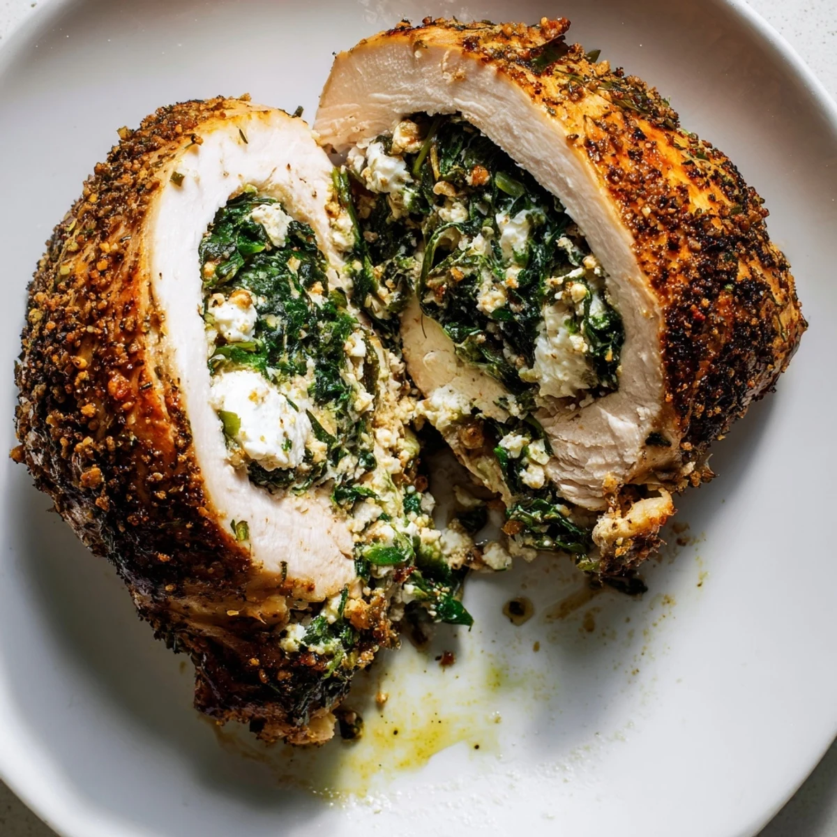 Sliced Spinach and Feta Stuffed Chicken Breast revealing the creamy, savory filling on a rustic wooden cutting board.