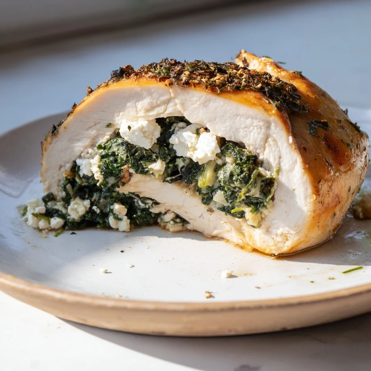 Juicy Spinach and Feta Stuffed Chicken Breast resting on a plate, garnished with fresh parsley and lemon wedges.