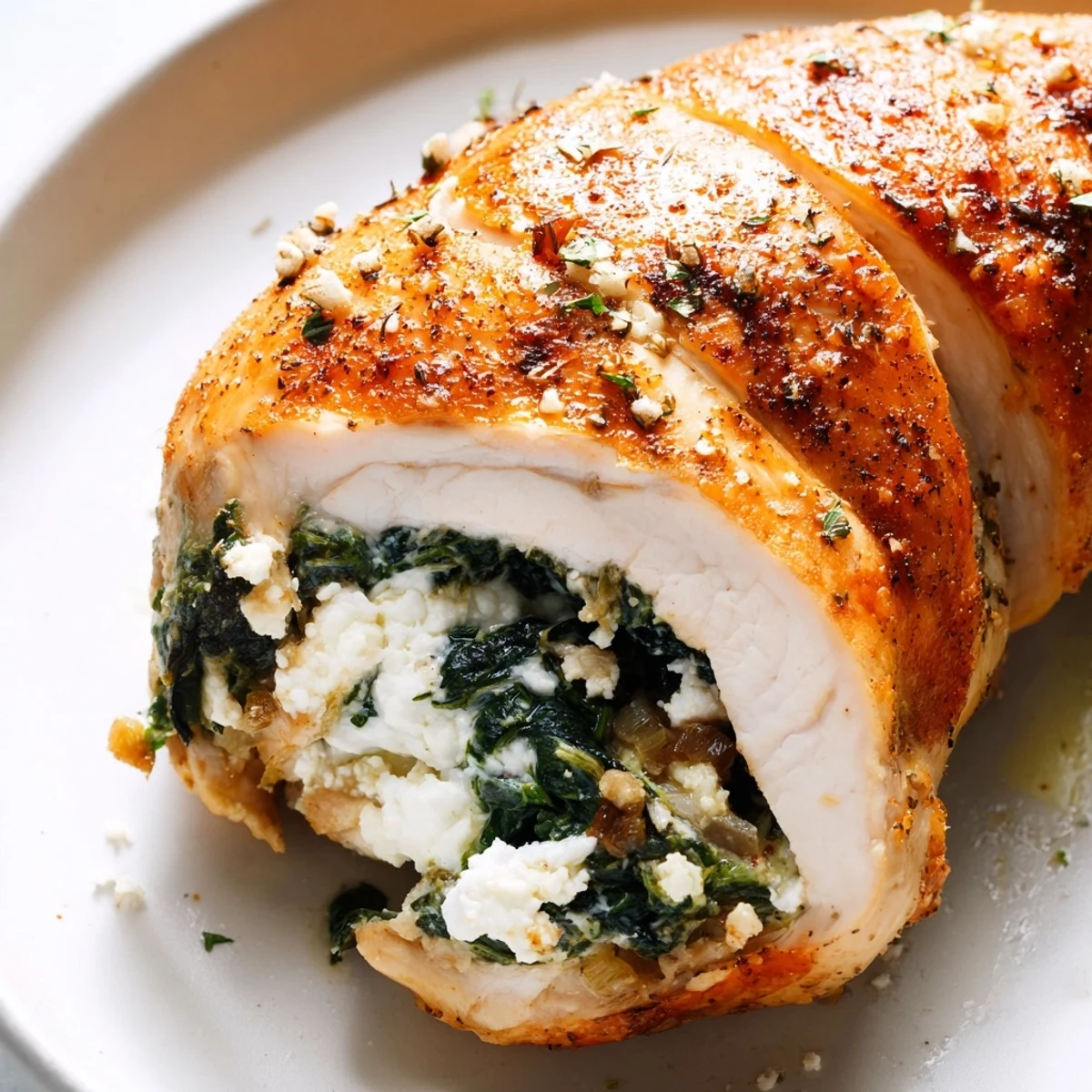 Golden brown Spinach and Feta Stuffed Chicken Breast baking dish served alongside roasted vegetables for a Mediterranean dinner.