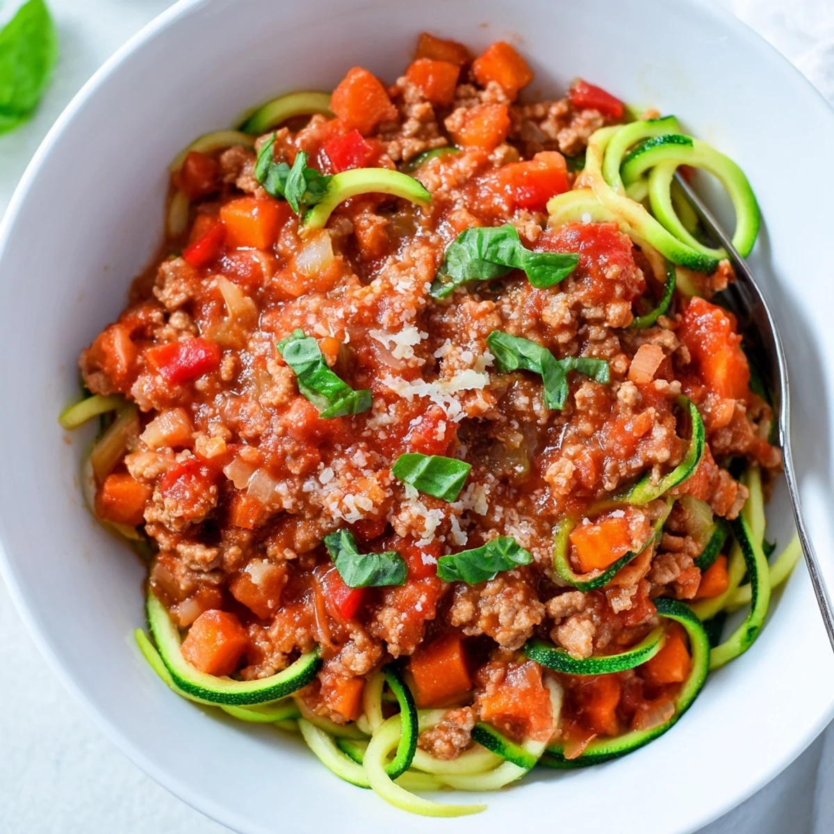 Sautéing ground turkey for a hearty Turkey Bolognese Sauce with Zucchini Noodles, ready to be spooned over the noodles.