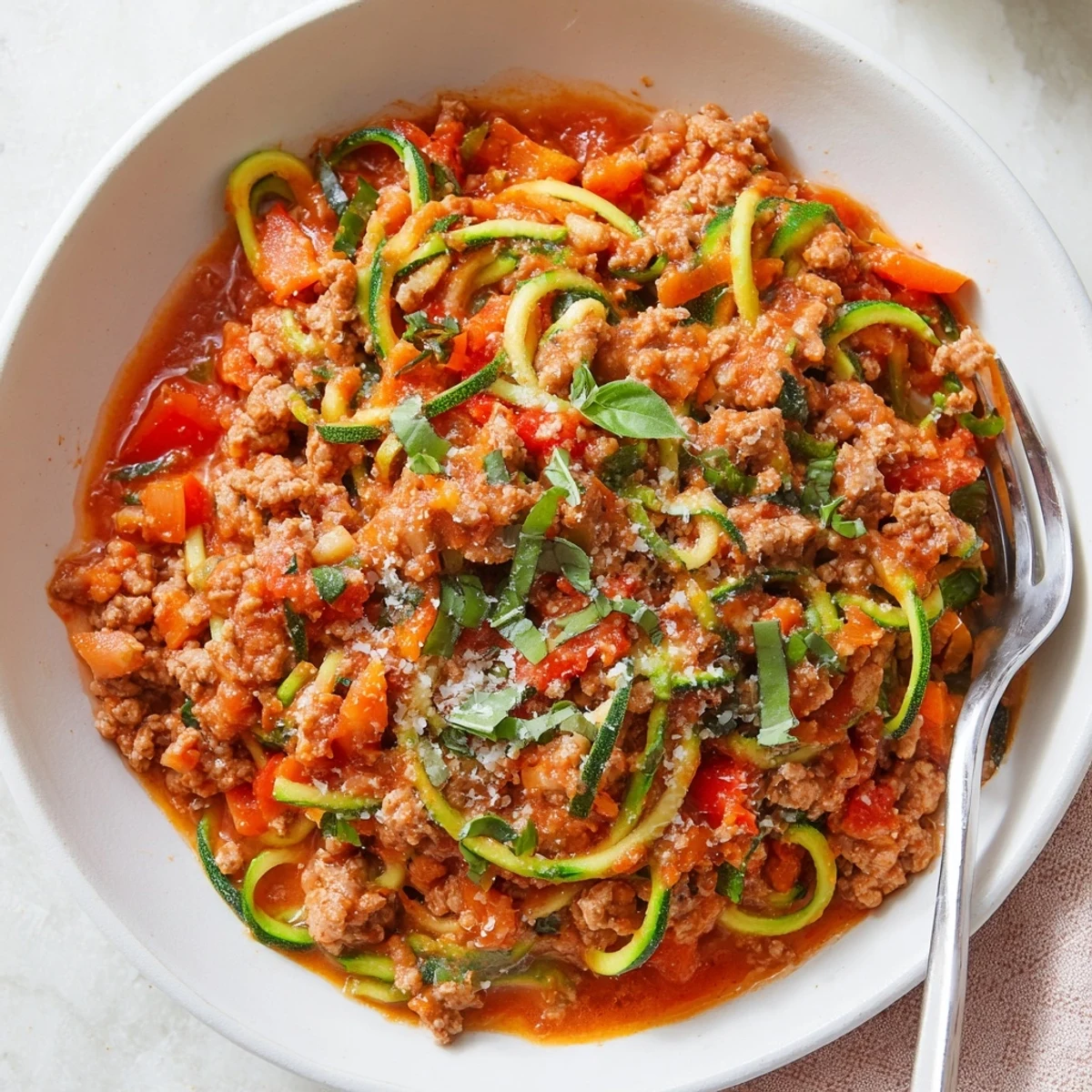 Freshly served Turkey Bolognese Sauce with Zucchini Noodles topped with basil and Parmesan, a perfect low-carb Italian meal.