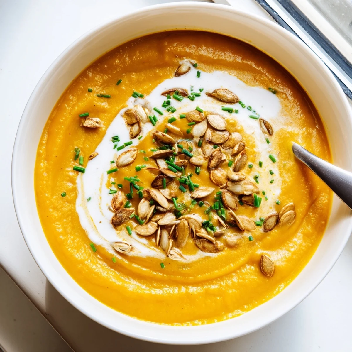 Creamy Pumpkin Soup with Toasted Seeds is poured from a ladle into a rustic white bowl with a swirl of cream.