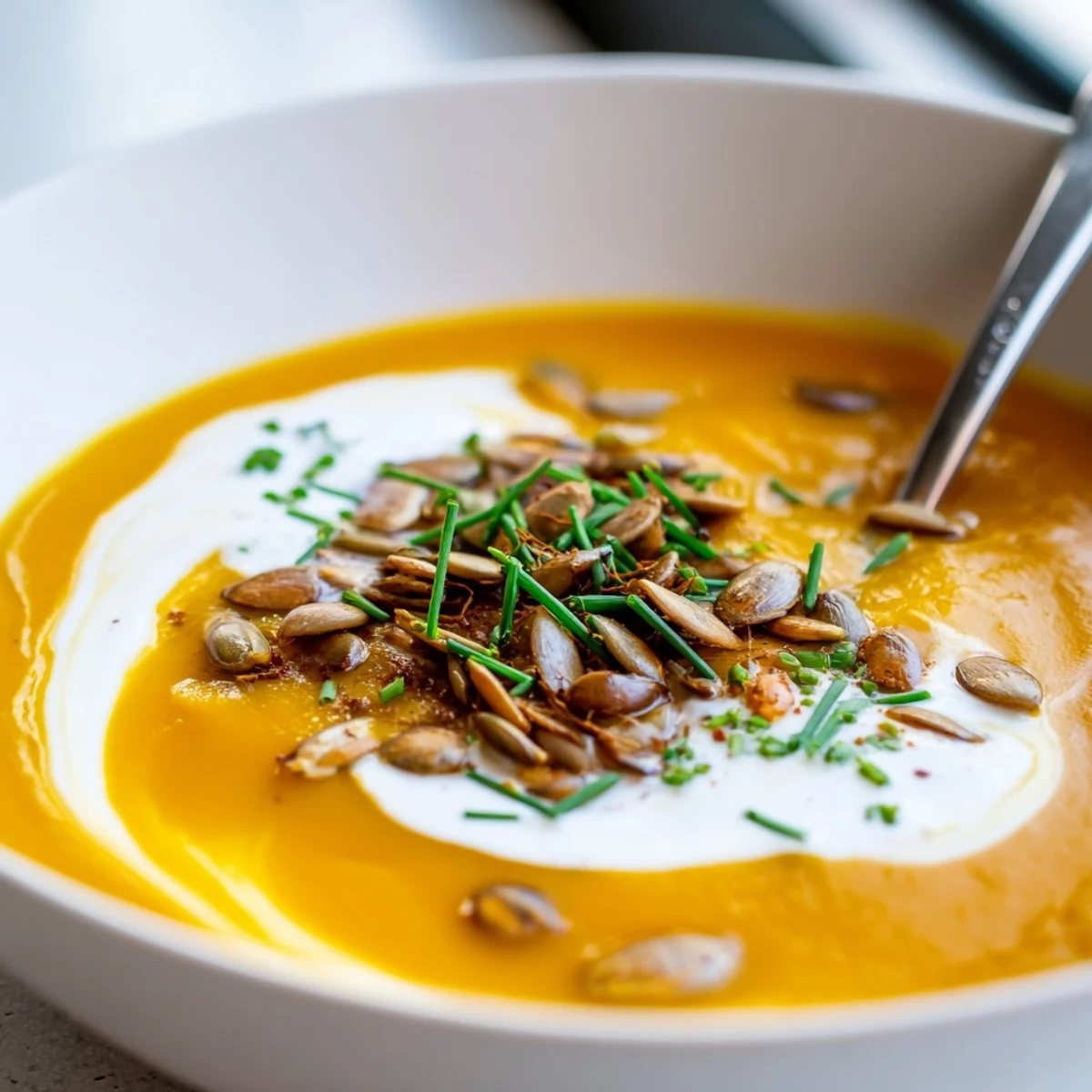Fresh chives and toasted seeds garnish a cozy bowl of Creamy Pumpkin Soup with Toasted Seeds, served beside crusty bread.