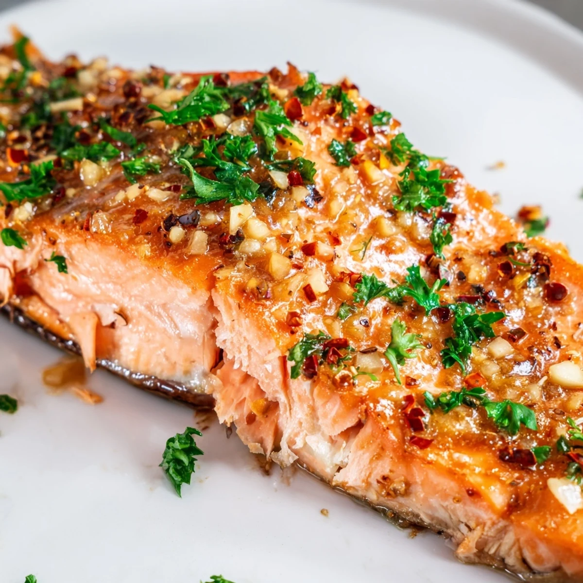 A close-up of a baked salmon fillet with honey garlic glaze, brushed with glossy sauce and fresh parsley.