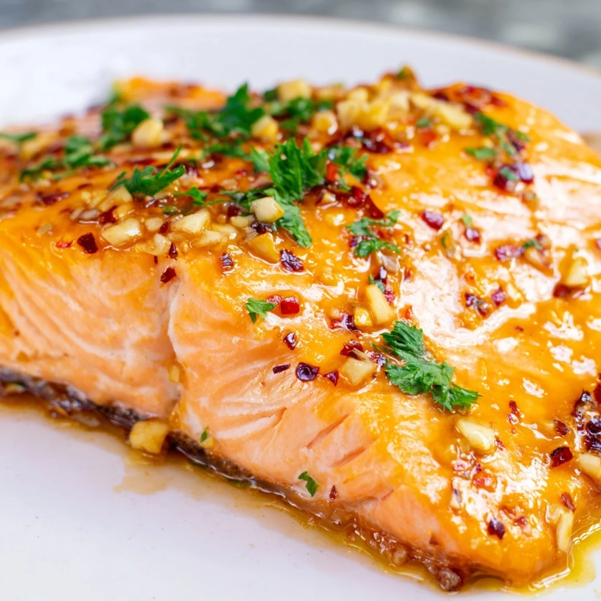 Oven-baked salmon with honey garlic glaze served with lemon wedges and steamed rice, ideal for a quick dinner.