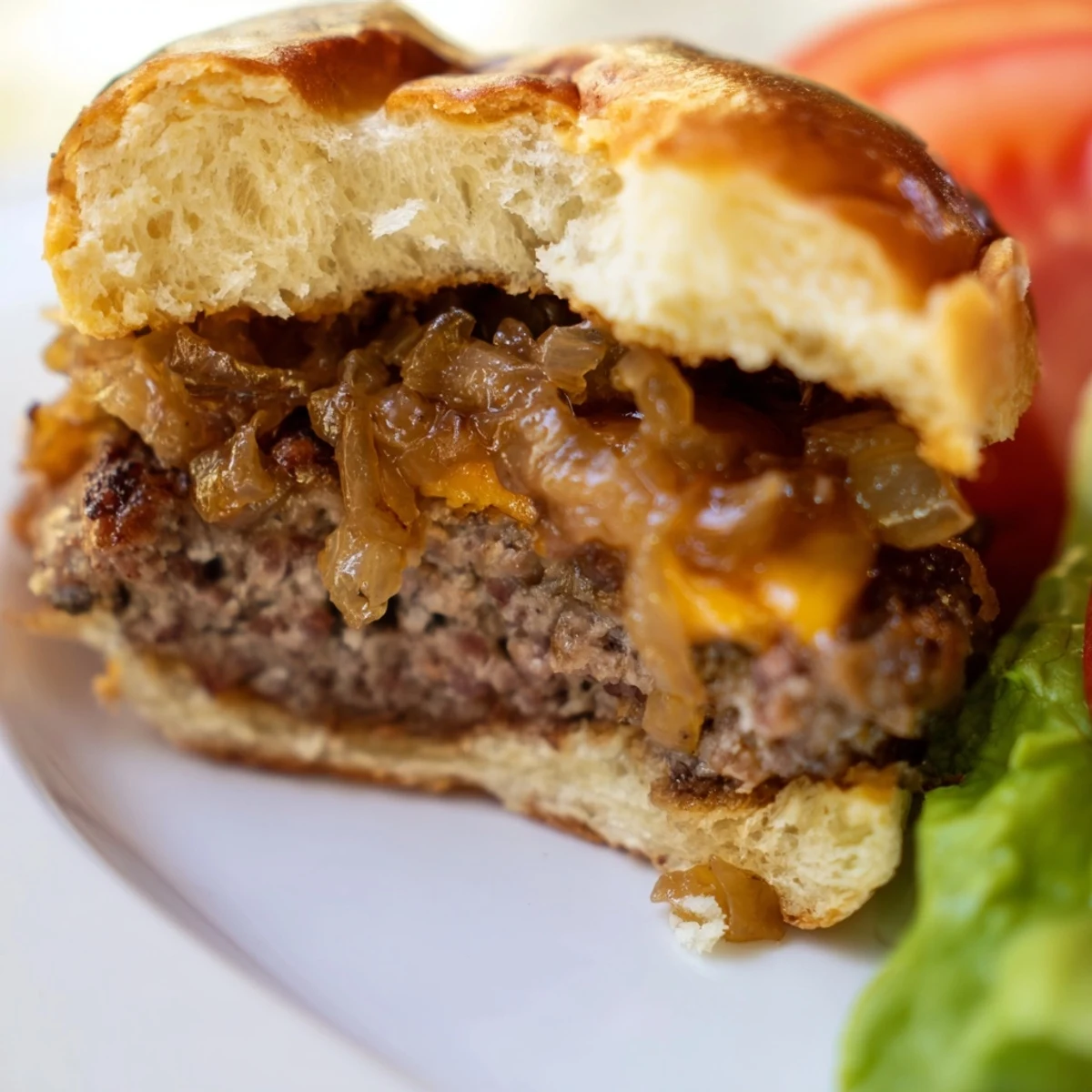 Golden brown Beef Sliders with Caramelized Onions and Cheese rest on a wooden board, showcasing melted cheddar and soft buns.