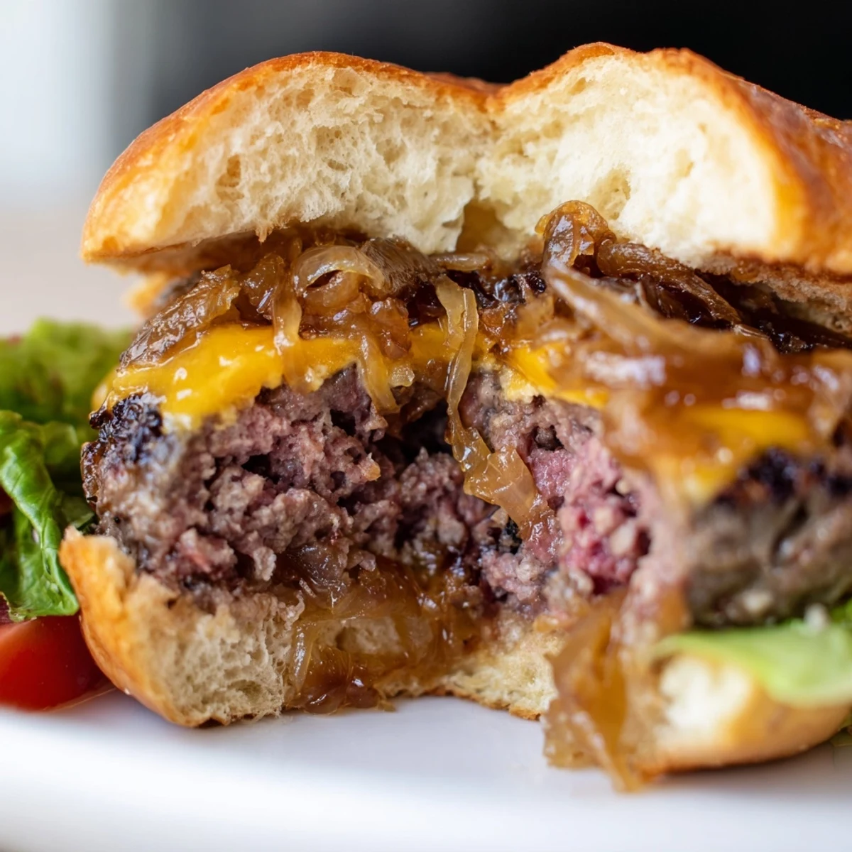 Melted cheddar drips over juicy Beef Sliders with Caramelized Onions and Cheese, garnished with fresh parsley on a white plate.