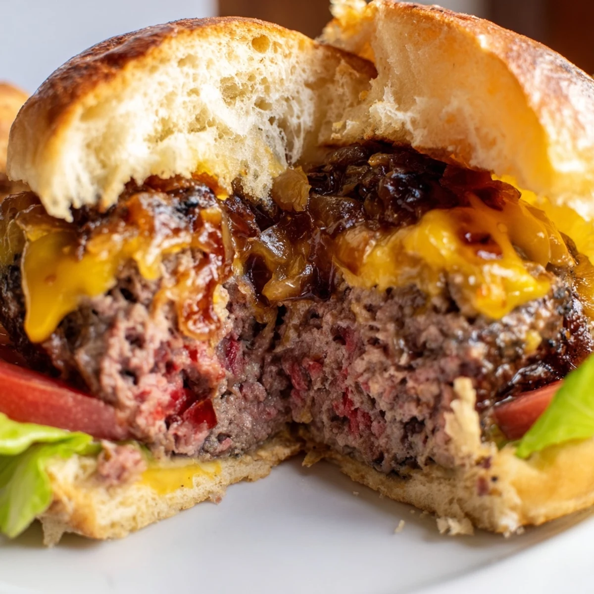 A close-up view of a plated Beef Sliders with Caramelized Onions and Cheese, featuring toasted buns and sweet caramelized onions.