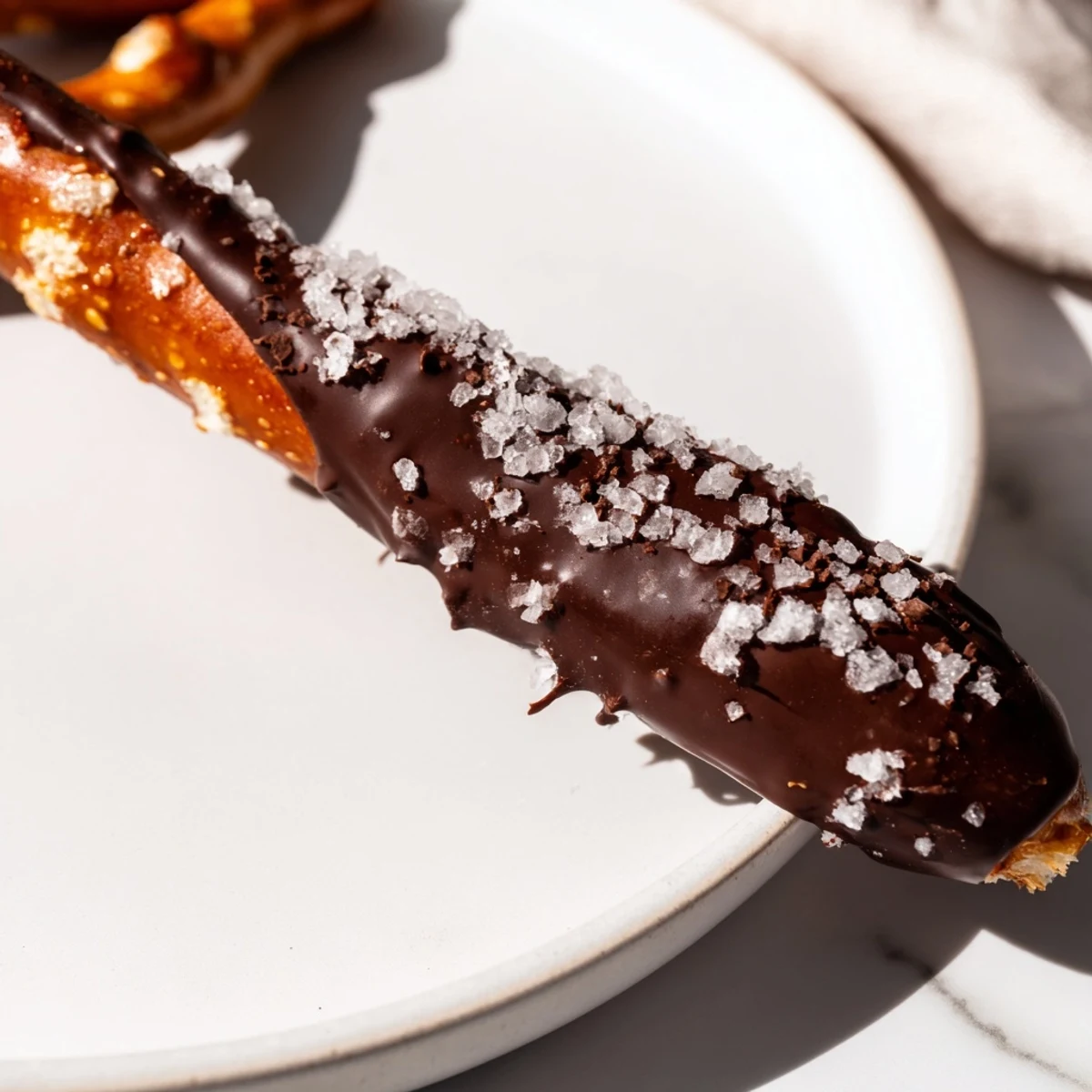 Crunchy pretzel twists are drizzled with melted chocolate and topped with sparkling sea salt for a sweet and salty snack.