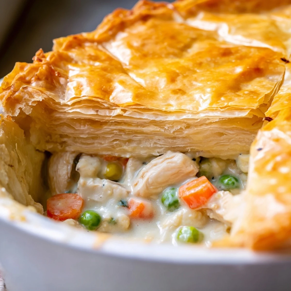 Golden, flaky puff pastry tops a bubbly, creamy turkey pot pie fresh from the oven.