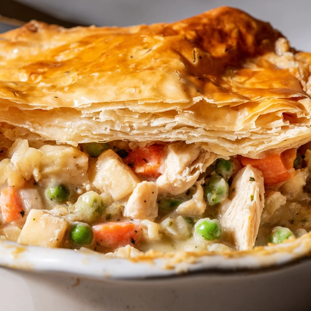 Rustic pot pie served steaming hot, garnished with fresh parsley and golden crust edges.