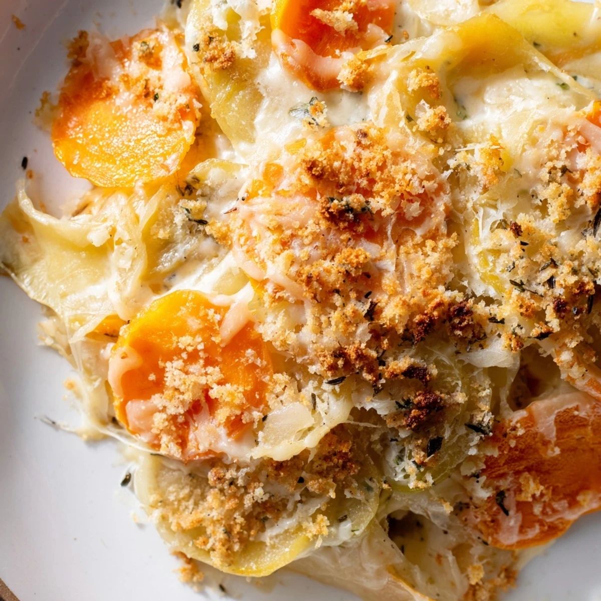Golden-baked Winter Vegetable Gratin with Gruyere cheese bubbling in a white baking dish.