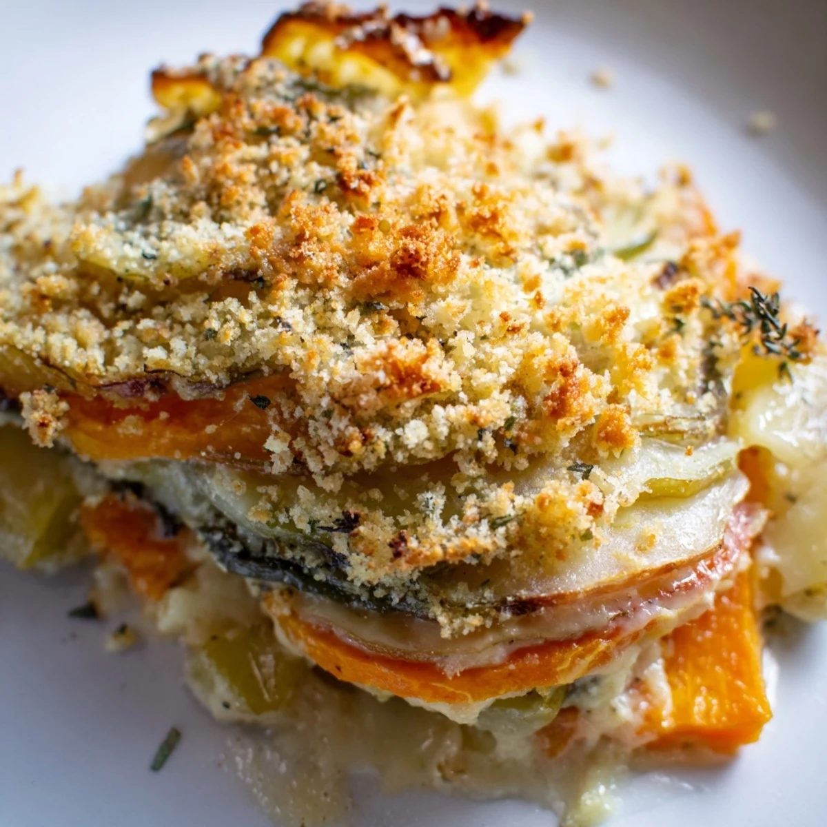 Fresh thyme leaves and crispy breadcrumbs top this savory vegetarian main dish.