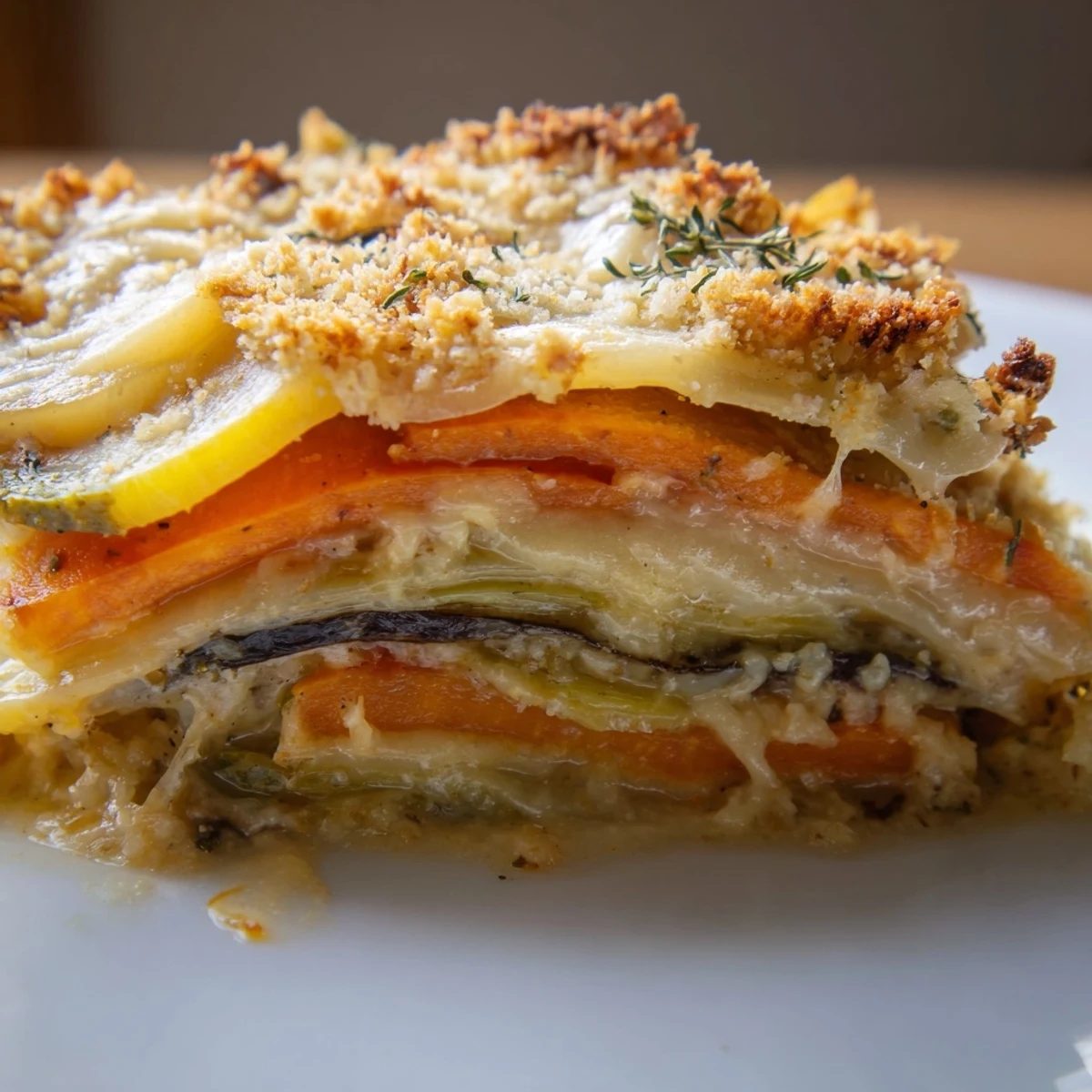 Layers of sliced parsnips, carrots, and butternut squash peek through creamy melted cheese.