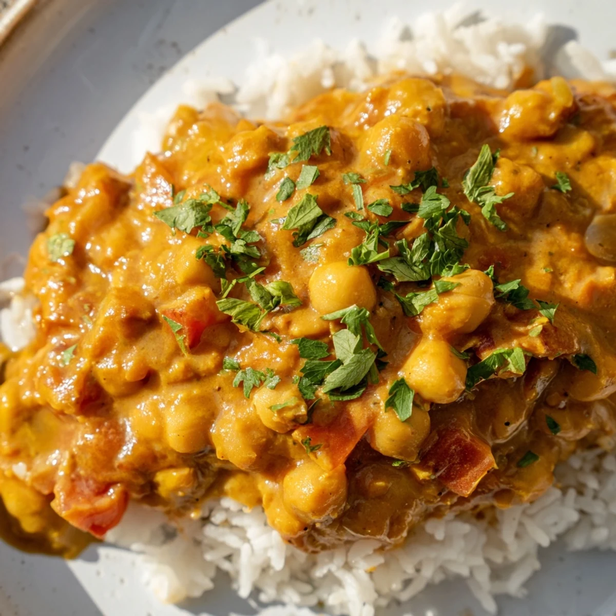 Creamy Vegan Chickpea Tikka Masala served over fluffy basmati rice, garnished with fresh cilantro for a flavorful weeknight dinner.