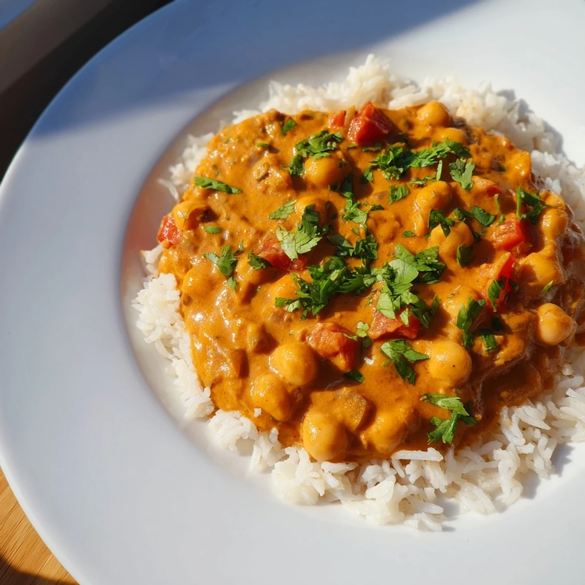 Steaming bowl of spiced chickpea tikka masala with golden basmati rice, lemon wedges, and vibrant green cilantro garnish on a rustic table.