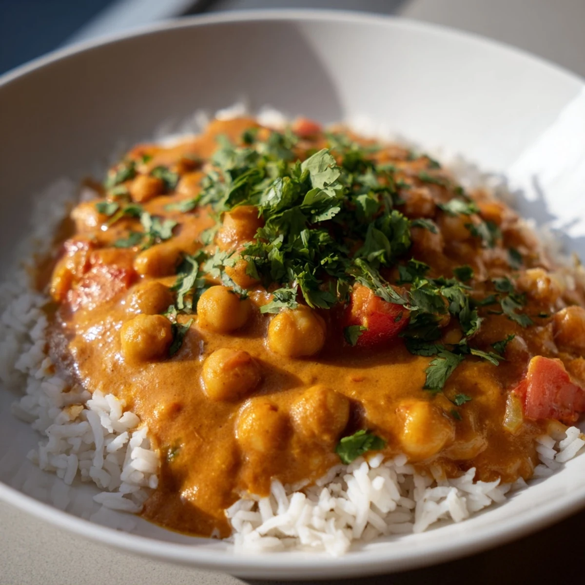 Coconut milk-based chickpea tikka masala with fluffy white basmati rice, perfect for a comforting, dairy-free Indian-inspired family meal.