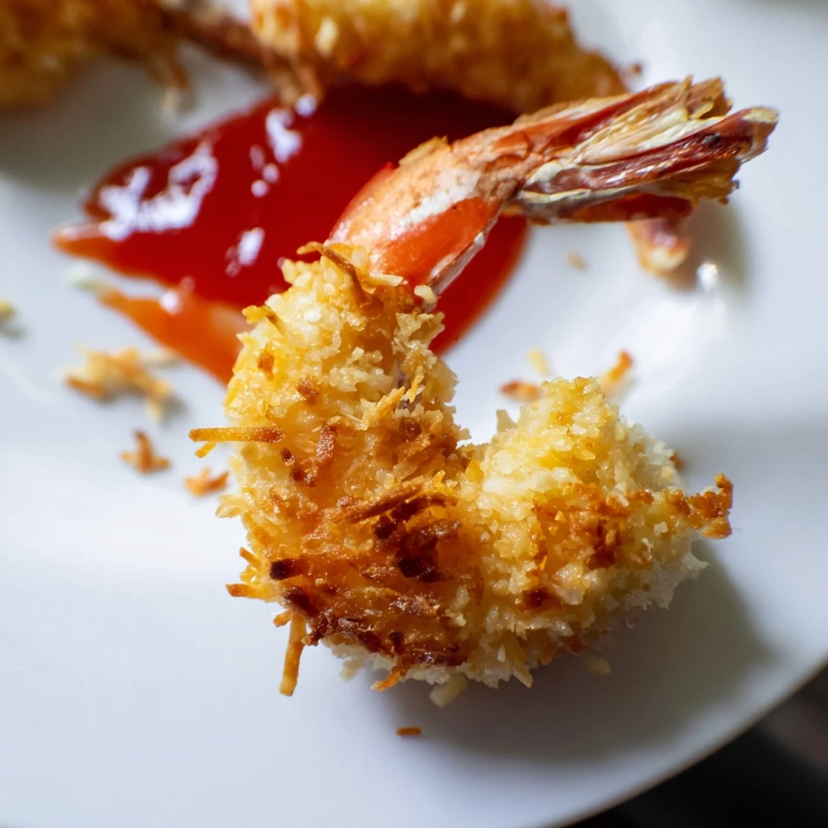 Crispy Coconut Shrimp piled high on a plate, drizzled with sweet chili sauce and fresh lime wedges for a tangy finish.