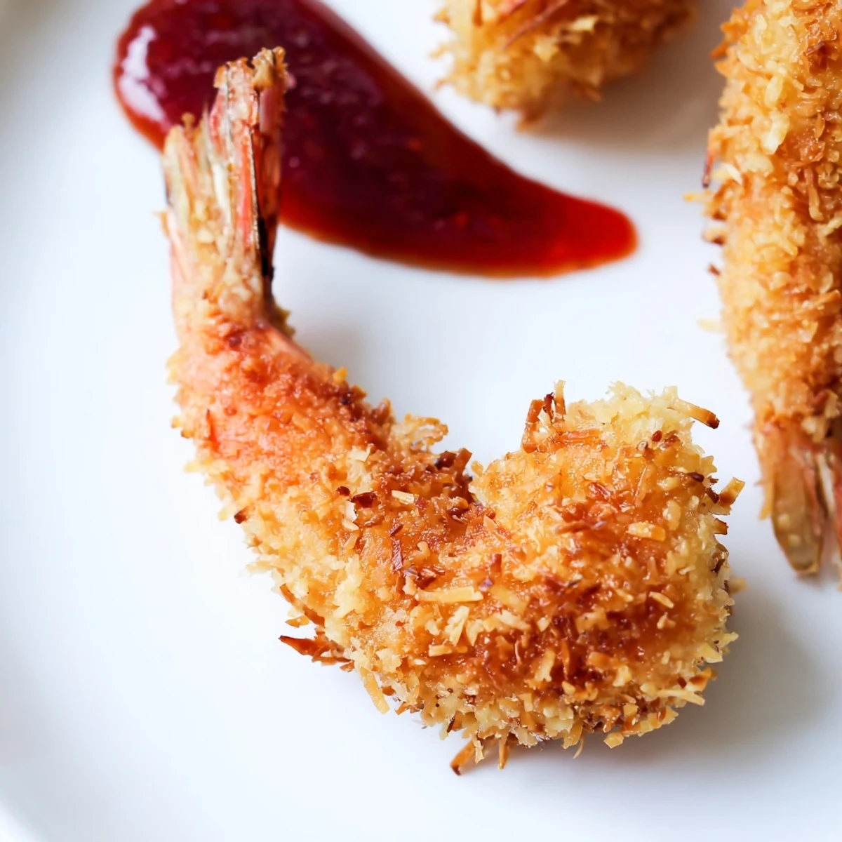 Golden fried Crispy Coconut Shrimp served with a small dipping bowl of sweet chili sauce, perfect for parties.
