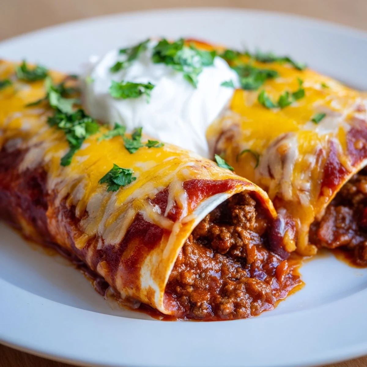 Tender corn tortillas stuffed with seasoned ground beef and gooey cheese, smothered in homemade spicy red enchilada sauce.
