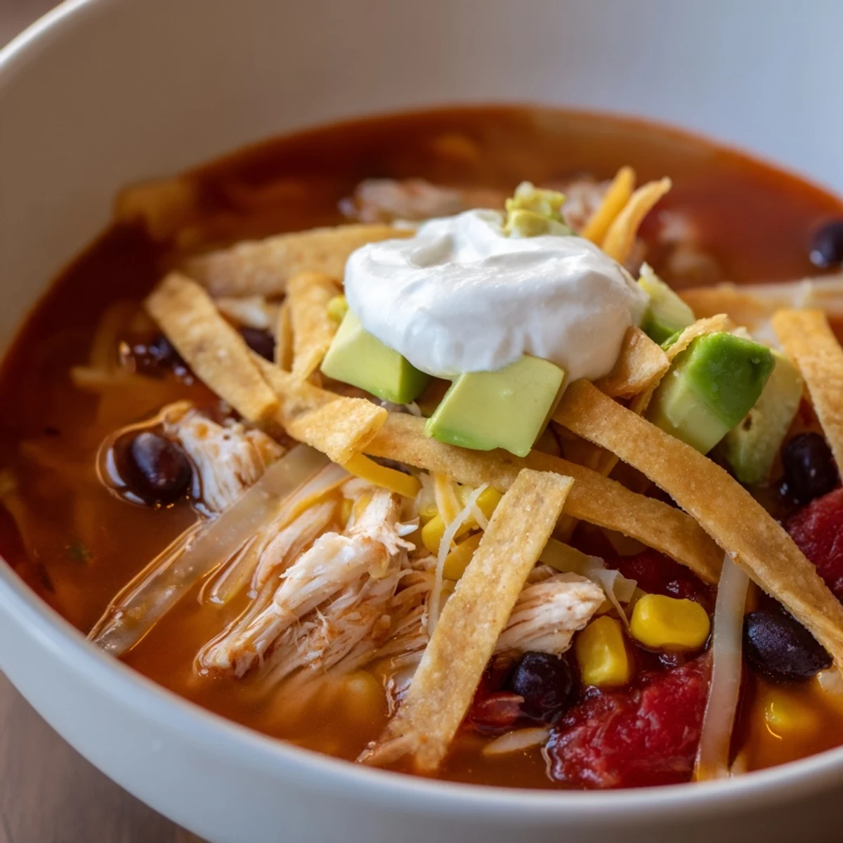 A steaming bowl of Chicken Tortilla Soup garnished with avocado, cilantro, and golden crispy corn tortilla strips.