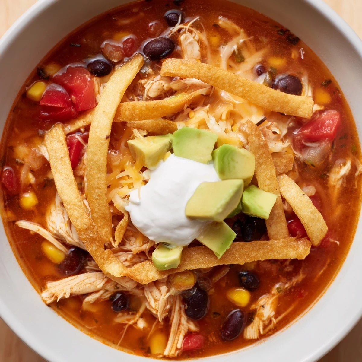 Spicy Chicken Tortilla Soup simmering in a pot with shredded chicken, corn, and red bell pepper for a hearty meal.
