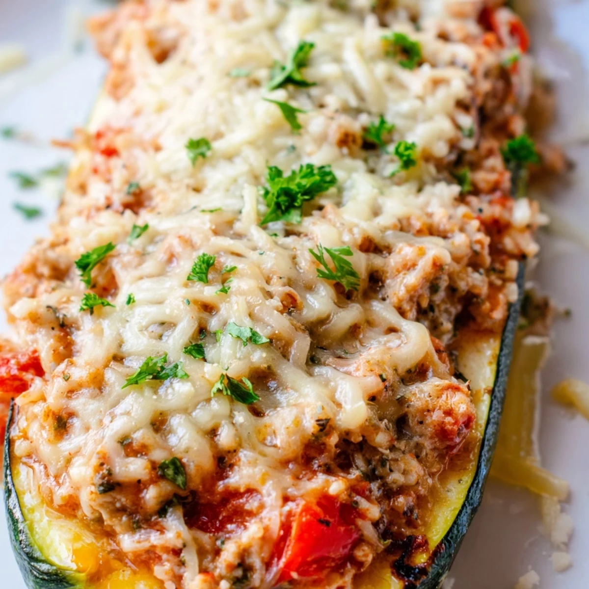 Freshly baked Chicken Zucchini Boats with Cheese bubbling with golden mozzarella and Parmesan, served on a white plate with fresh parsley garnish.