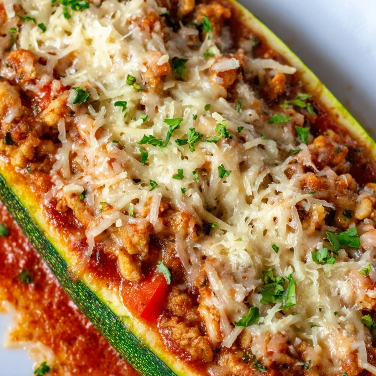 Baked Chicken Zucchini Boats with Cheese, filled with savory ground chicken, red bell pepper, and herbs, resting on a rustic wooden table.