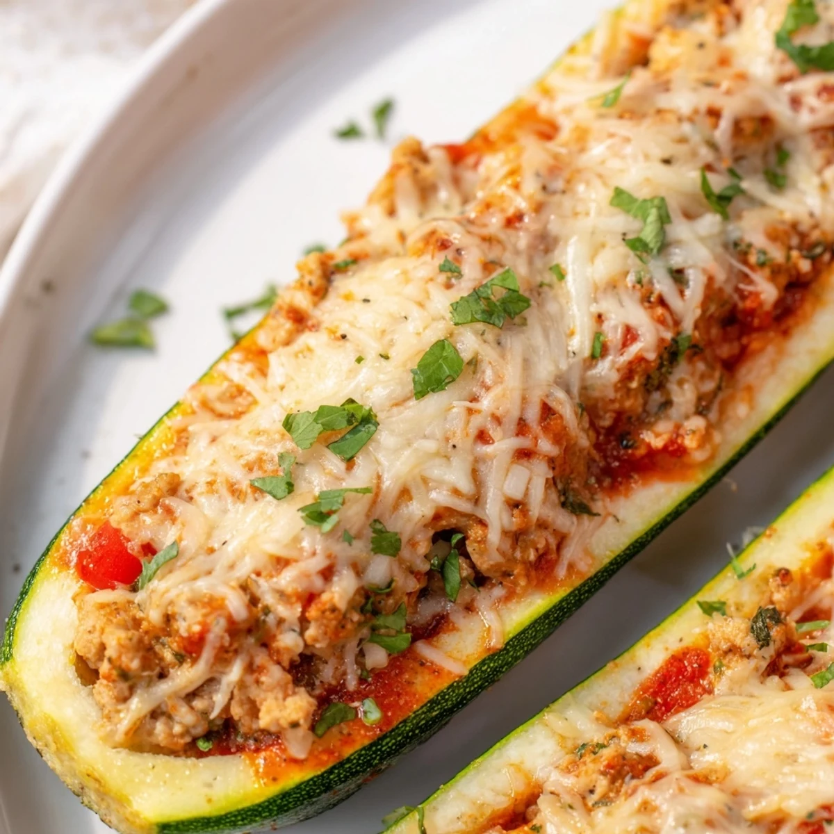 Close-up of Chicken Zucchini Boats with Cheese, melted cheese topping tender zucchini halves and a rich tomato chicken filling inside.