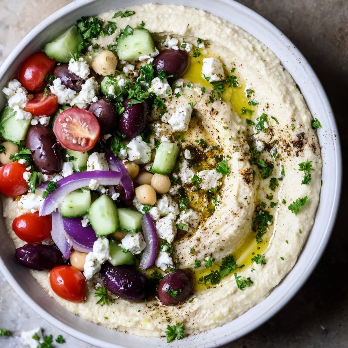 A vibrant Mediterranean Hummus Bowl brimming with creamy hummus, crisp vegetables, and crumbled feta cheese.