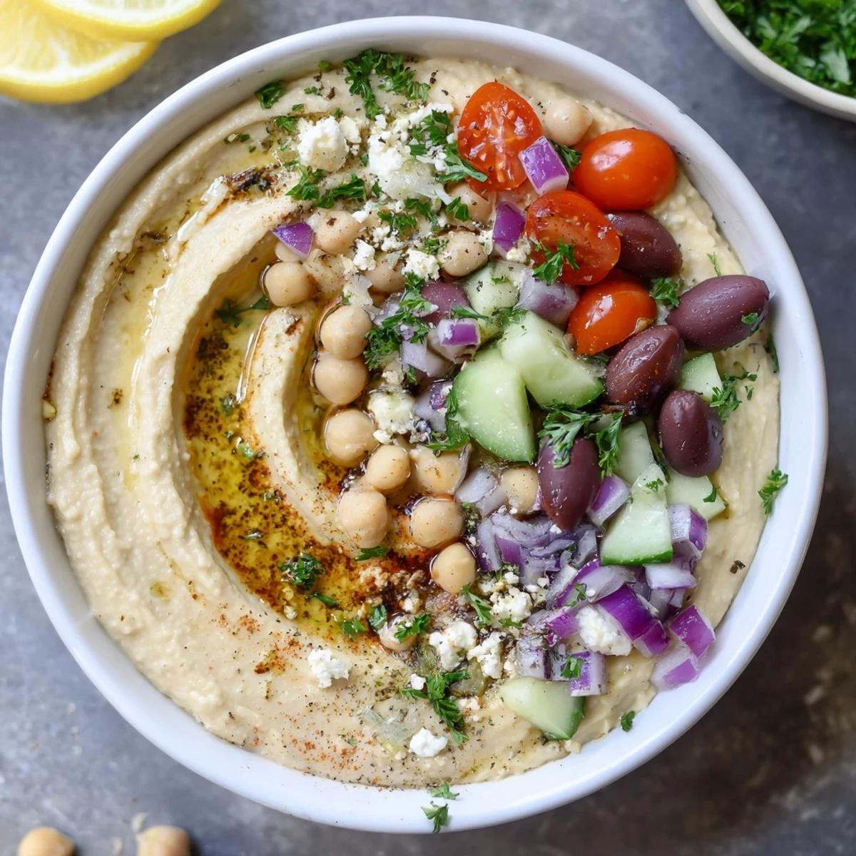Colorful Mediterranean Hummus Bowl featuring warm pita triangles, kalamata olives, and a drizzle of olive oil.