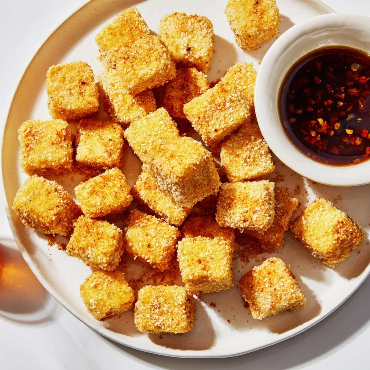 Crispy Tofu Bites with Dipping Sauce are golden, crunchy cubes served hot on a platter with a savory sesame soy dip.