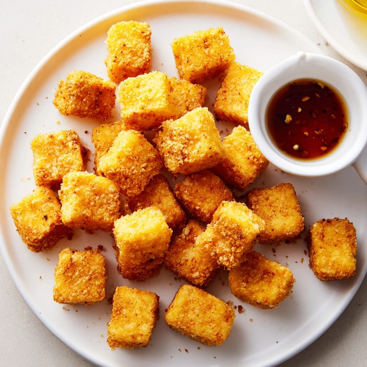 Freshly fried Crispy Tofu Bites with Dipping Sauce offer smoky aroma and a rich glaze, perfect for vegan appetizers.
