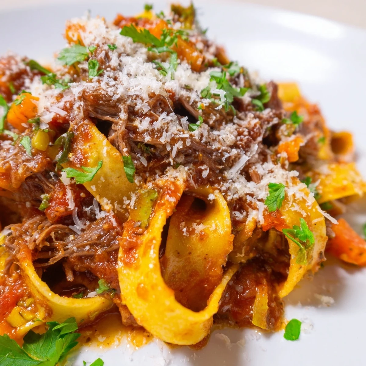 Tender shredded beef nestled in Slow Cooker Ragu Sauce with Beef, served over fettuccine and topped with fresh parsley and Parmesan.