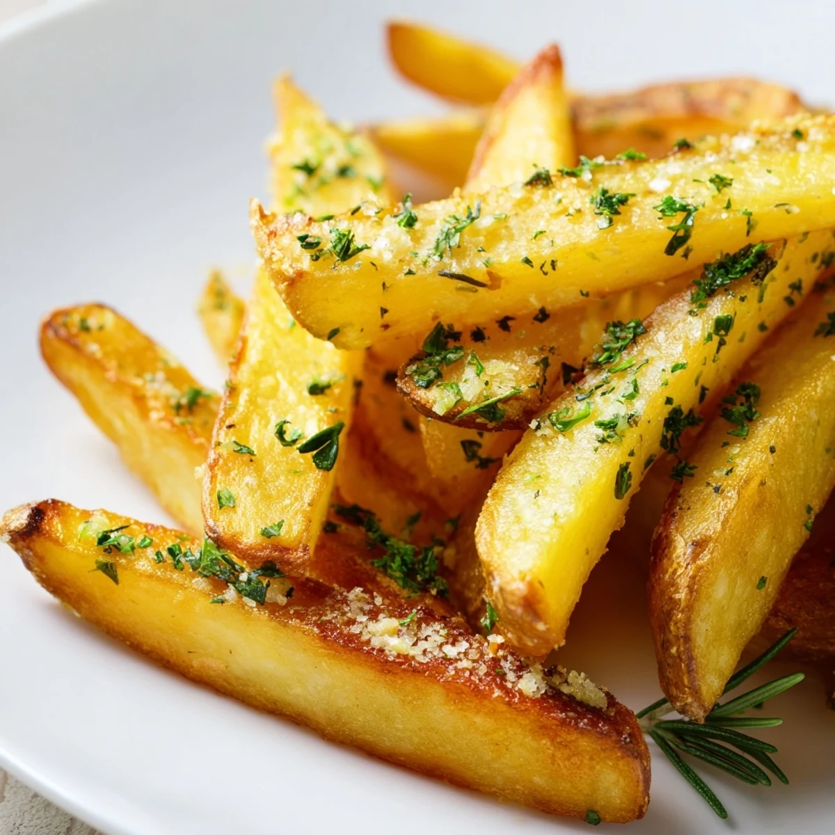 Crispy roasted fries with garlic and herbs on a baking sheet, ready to serve with ketchup.