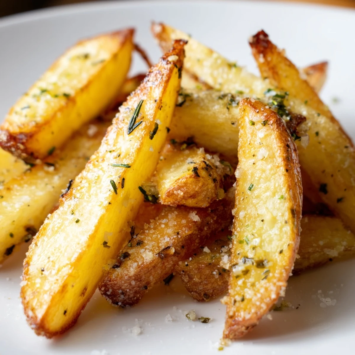 Golden, oven-baked roasted fries with garlic and herbs tossed with fresh parsley and rosemary.