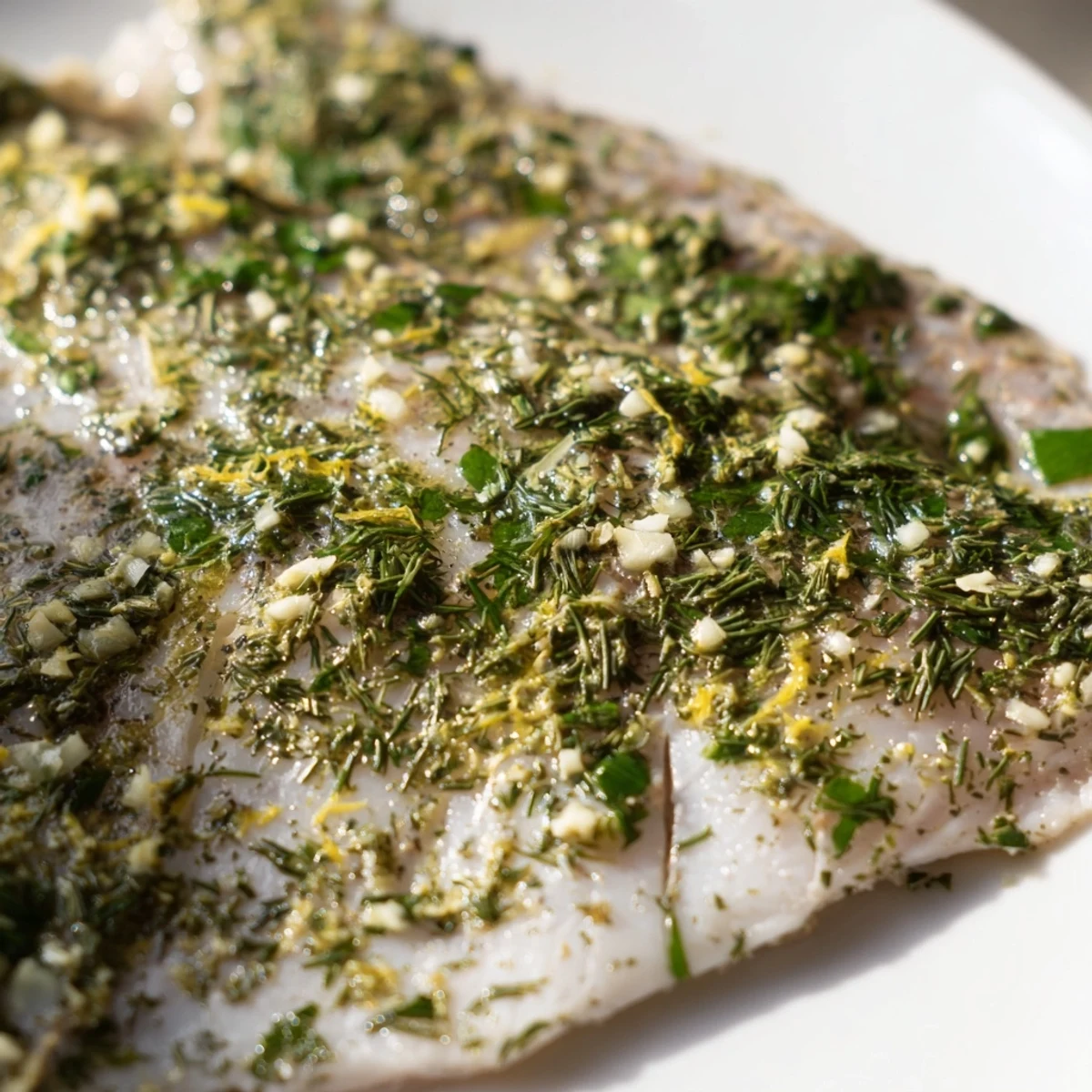 Fork-tender Baked Tilapia with Herbs garnished with lemon wedges, showing a flaky texture and vibrant green parsley and dill.