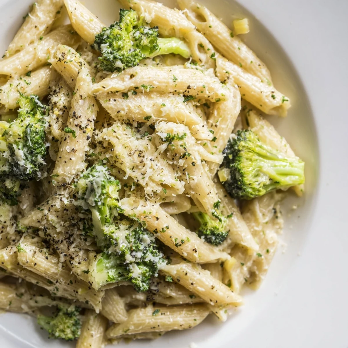 Golden penne pasta coated in a creamy Parmesan sauce, with vibrant green broccoli florets tossed in, garnished with fresh parsley and extra cheese.  